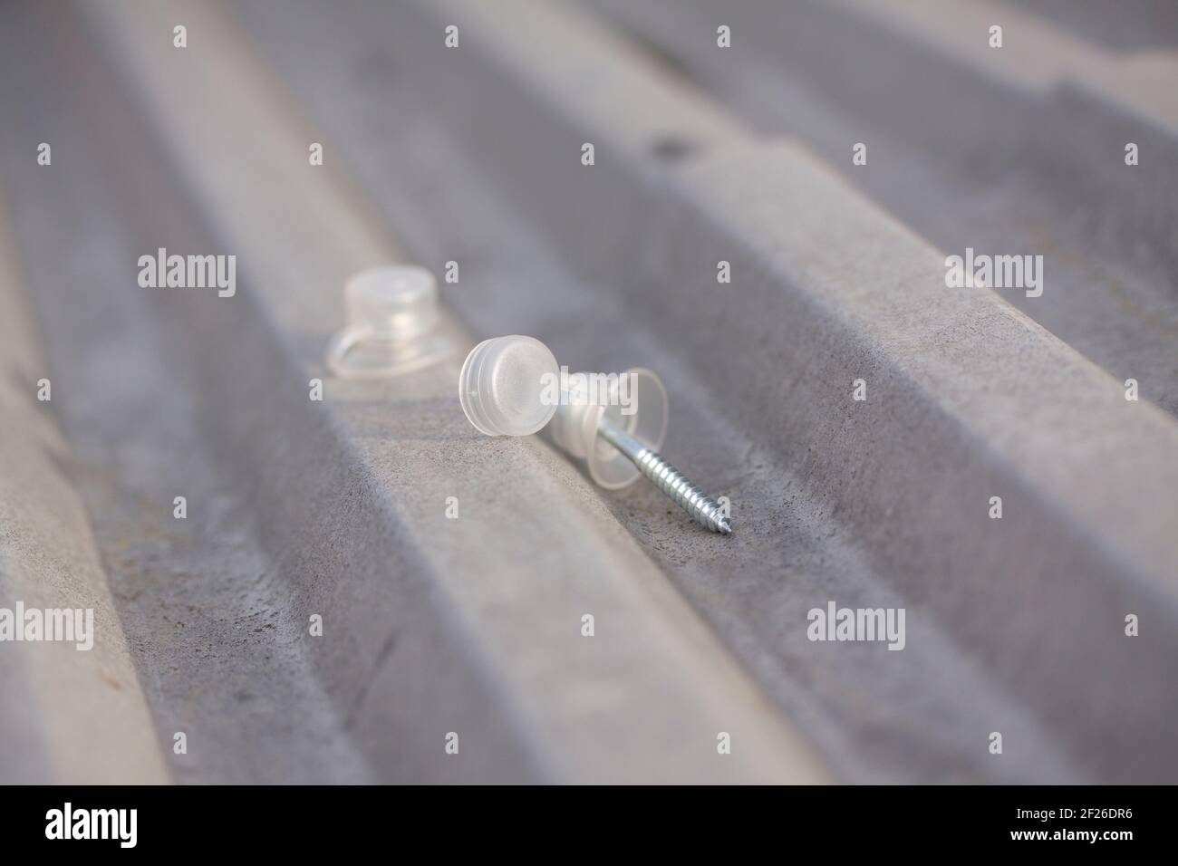 Vis de toiture avec bouchons transparents pour montage sur toit en métal de forme rapide. Gros plan avec mise au point sélective. Banque D'Images