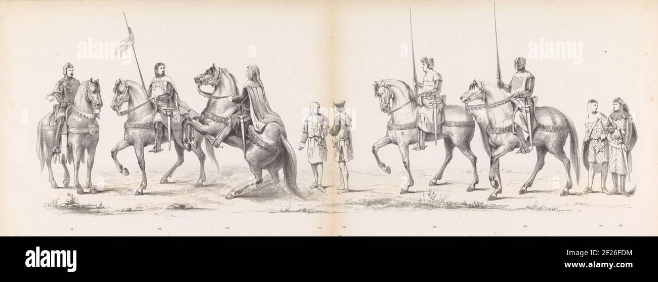 Mascarade des étudiants de Leiden, 1865 (planche 14); adaptifs enrobés tenus par les membres du Leidsche Student-corps den 6den Junij 1865, à la célébration de l'anniversaire des 290 ans du Leidsche Hoogeschool, présentant : L'Intogt des Hollanders dans Zierikzee sous Jonker Willem, tombe van Oostervant, le 12 août Anno 1304. Procession historique costumée des étudiants de Leiden Hogeschool tenue le 6 juin 1865 à l'occasion du 290e anniversaire de l'université. Le cortège décrit l'arrivée des Hollandais à Zierikzee le 12 août 1304. Quatorzième plaque avec le numéro Banque D'Images