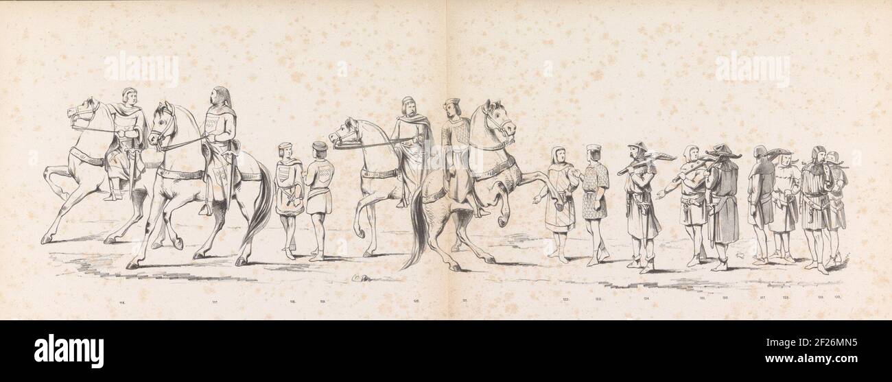 Mascarade des étudiants de Leiden, 1865 (planche 10); adaptifs enrobés tenus par les membres du Leidsche Student-corps den 6den Junij 1865, à la célébration de l'anniversaire des 290 ans du Leidsche Hoogeschool, présentant : L'Intogt des Hollanders dans Zierikzee sous Jonker Willem, tombe van Oostervant, le 12 août Anno 1304. Procession historique costumée des étudiants de Leiden Hogeschool tenue le 6 juin 1865 à l'occasion du 290e anniversaire de l'université. Le cortège représente l'arrivée des Hollandais à Zierikzee le 12 août 1304. Dixième plaque avec le nombre de groupes Banque D'Images