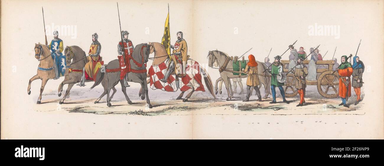 Mascarade des étudiants de Leiden, 1865 (planche 4); adaptifs enrobés tenus par les membres du Leidsche Student-corps den 6den Junij 1865, à la célébration de l'anniversaire des 290 ans du Leidsche Hoogeschool, présentant : L'Intogt des Hollanders dans Zierikzee sous Jonker Willem, tombe van Oostervant, le 12 août Anno 1304. Procession historique costumée des étudiants de Leiden Hogeschool tenue le 6 juin 1865 à l'occasion du 290e anniversaire de l'université. Le cortège décrit l'arrivée des Hollandais à Zierikzee le 12 août 1304. Quatrième plaque avec le numéro de groupe Banque D'Images