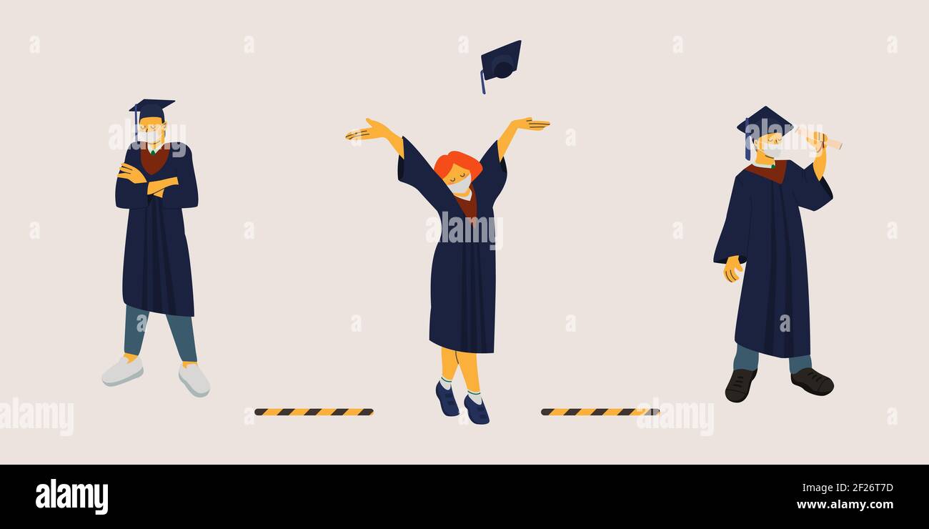 Les heureux diplômés en costumes et masques de protection maintiennent la distance sociale. Diplôme en cas de pandémie. Conformité aux normes de sécurité en général Illustration de Vecteur