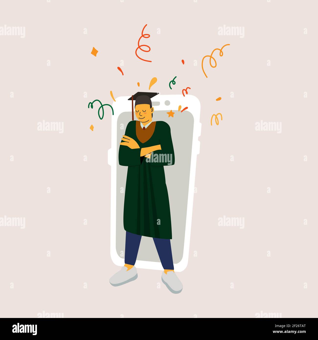 Guy diplômé dans un manteau et une casquette sur le fond du contour d'un smartphone. Graduation virtuelle de l'illustration vectorielle isolée 2021. Illustration de Vecteur