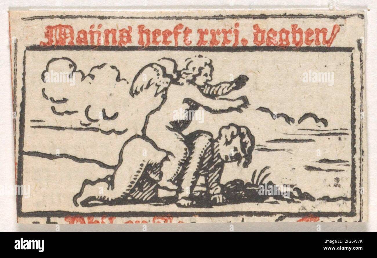 MEI; Maanden van het jaar.A Putto fait monter un cheval sur le dos d'un autre garçon. Une ligne de texte néerlandais dans la marge supérieure. Banque D'Images