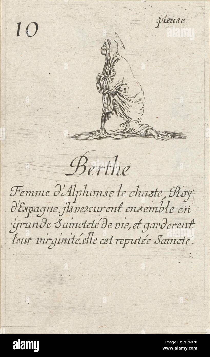 Bertha; Berthe; Kaartspel rencontre gerenommeerde heerseressen; jeu des reynes rendus.carte à jouer avec une représentation de Bertha, la femme d'Alfonso VI de Leon et Castille, à genoux. Texte dans undermarge. Numéroté en haut à gauche : 10. Banque D'Images
