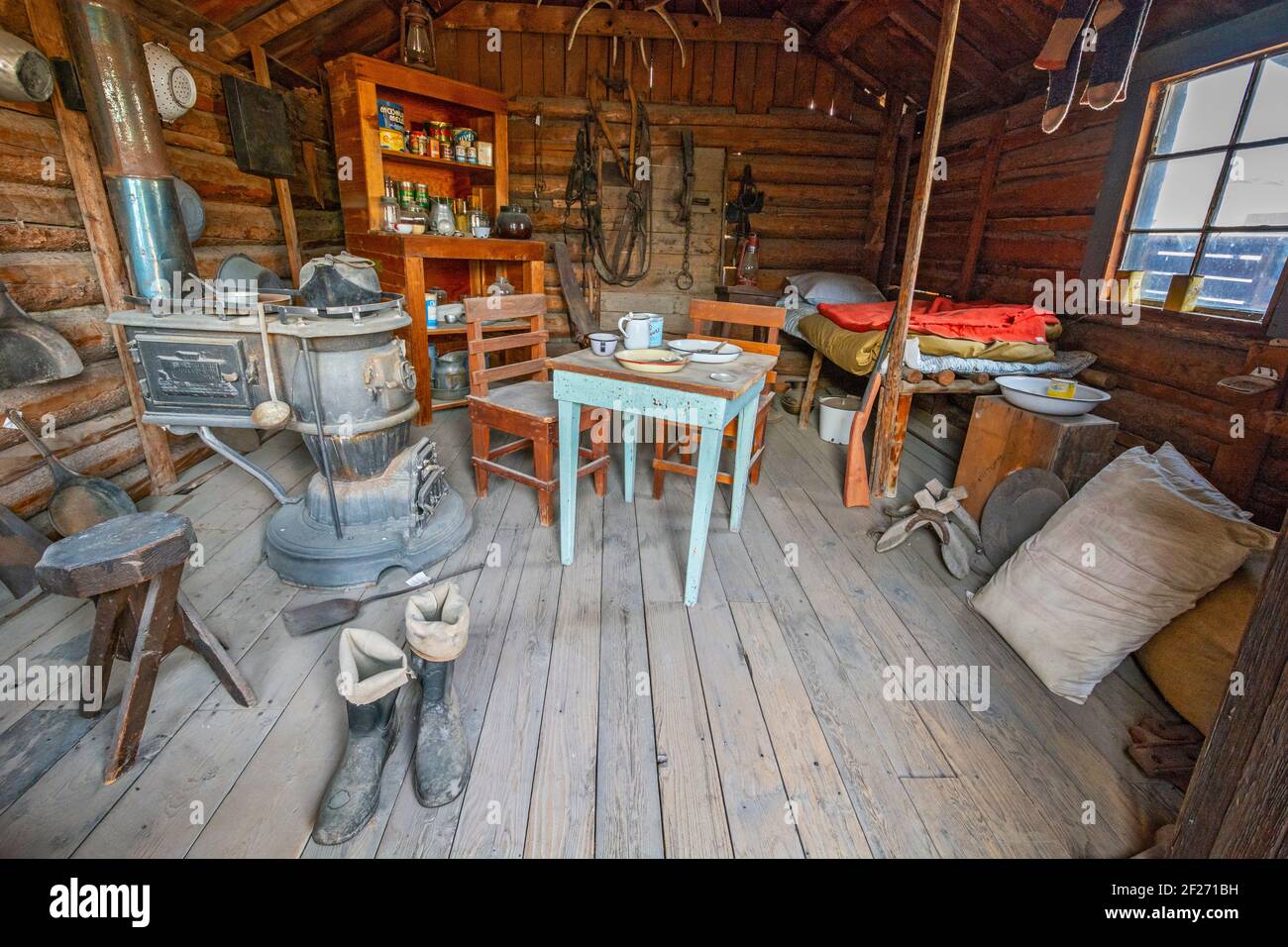 Canada, Yukon, Whitehorse, Musée MacBride, intérieur de la cabine de Sam Magee construit en 1899, McGee fait l'objet d'un poème de Robert Service Banque D'Images