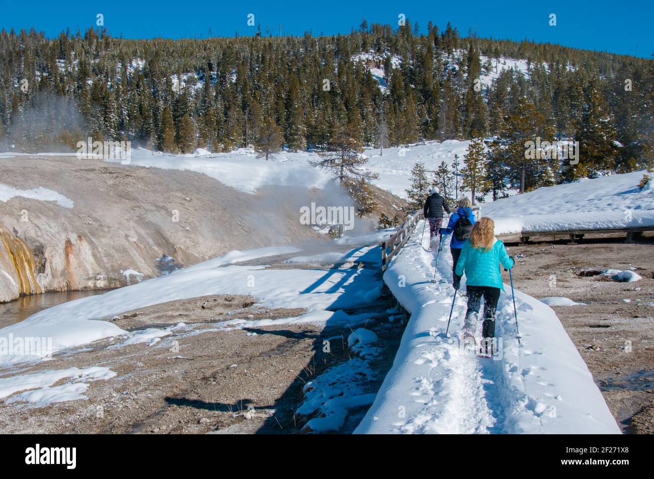 Des aînés en bonne santé et actifs qui raquette les geysers dans le parc national de Yellowstone. Hiver neige landscapes. Amis trekking dans la neige ensemble. Raquettes. Banque D'Images