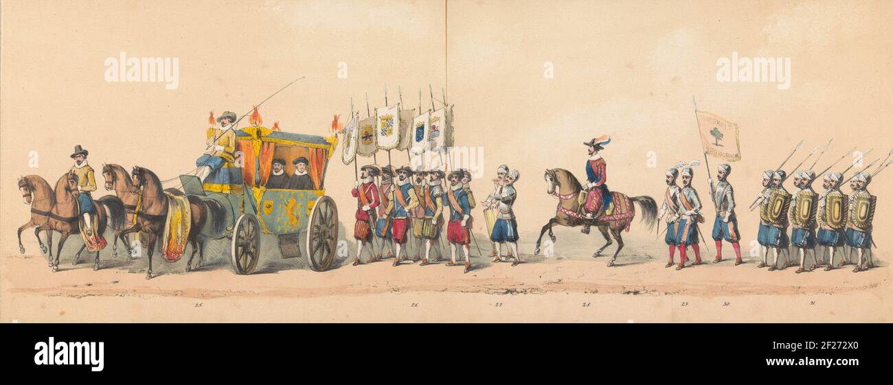 Procession historique par des étudiants du Groningen Hogeschool, 1850 (planche 4); représentation sous couvert de l'integt de Maurits, Prince d'Orange, Comte de Nassau etc. Et Willem Lodewijk, Comte de Nassau, à Groningen, Den Jare 1594, Par H. H. étudiants de la Groninger Hoogeschool à l'occasion de l'initiation du nouveau bâtiment de l'Académie.procession historique costumée des étudiants de la Hogeschool van Groningen le 25 septembre 1850 à l'occasion de l'initiation du nouveau bâtiment de l'Académie. Le cortège représente l'arrivée du Prince Maurits à Groningue le 22 juin 15 Banque D'Images