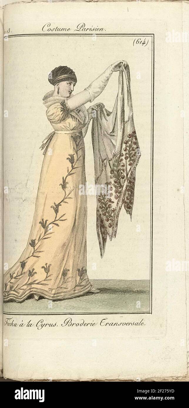Journal des Dames et des modes, Costume parisien, 1805, an 13 (614) Fichu à  la Cyrus....femme à droite, vêtue d'un long caillot beige avec sentier,  avec motif végétal brodé (bratherie transversale) Fichu