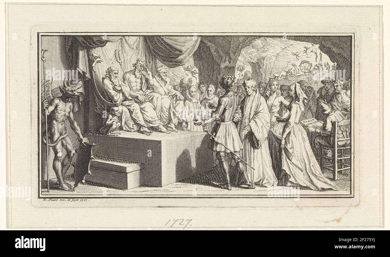 Pluton, le dieu du monde sous-jacent, est sur son trône pour juger les âmes des morts. Une procession de personnes historiques décédées - y compris Erasmus - s'est collectée. En arrière-plan le tartarus, la partie du monde sous-jacent où les condamnés sont punis. Banque D'Images