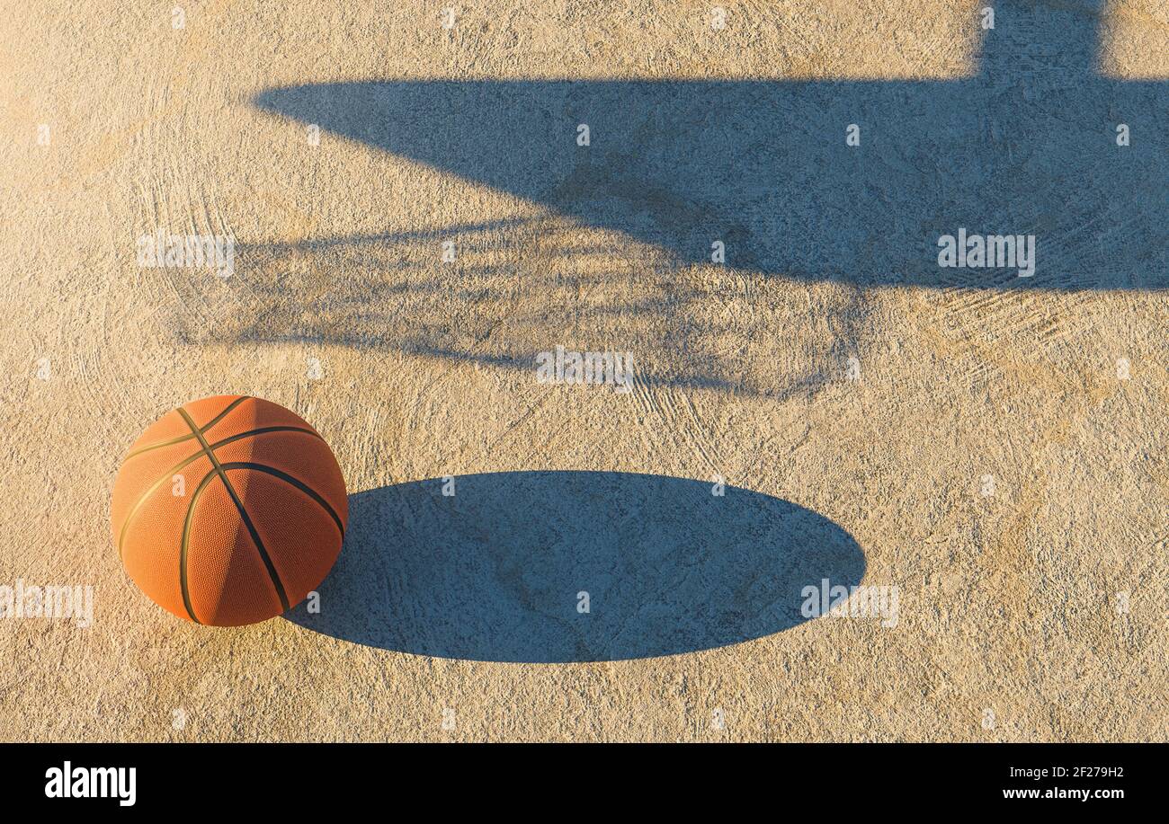 ballon de basket-ball sur sol en béton avec l'ombre du but à côté. rendu 3d Banque D'Images