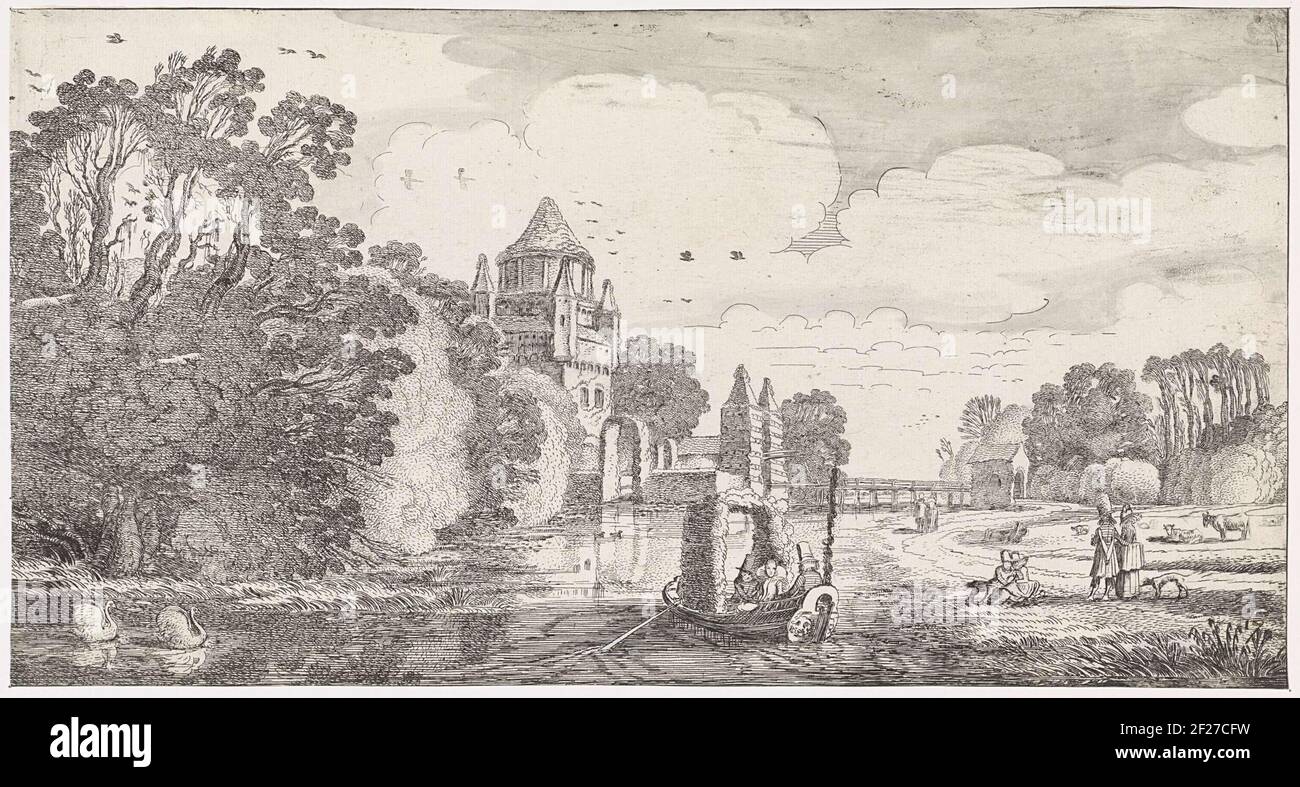 Couples à pied et une élégante compagnie en bateau sur l'eau autour de la petite porte en bois à Haarlem. Sur la gauche, au premier plan, deux swans. Dix-septième impression d'une série de 36 tirages de paysages, divisé en six parties. Banque D'Images