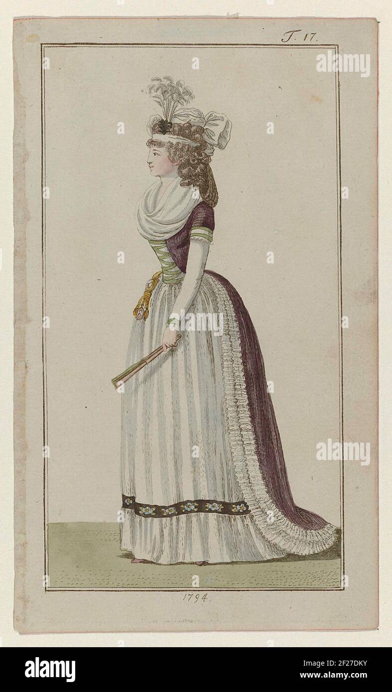 Journal des Luxus und der Moden, 1794, T 17.Jeune femme allemande vêtue de 'volleg anzuge'. Elle porte une robe avec sentier, déposée avec deux bandes de tissu froissées. Jupe, au zoom un pneu décoratif avec motif de fleur. FICHU. Accessoires: Serre-cheveux (?) Avec plumes, chatelaine avec montre et médaillon, turbine. Imprimé du magazine de mode Journal des Luxus und der Moden, publié par Friedrich Justin Bertuch et Georg Melchior Kraus, Weimar, 1786-1826. Banque D'Images