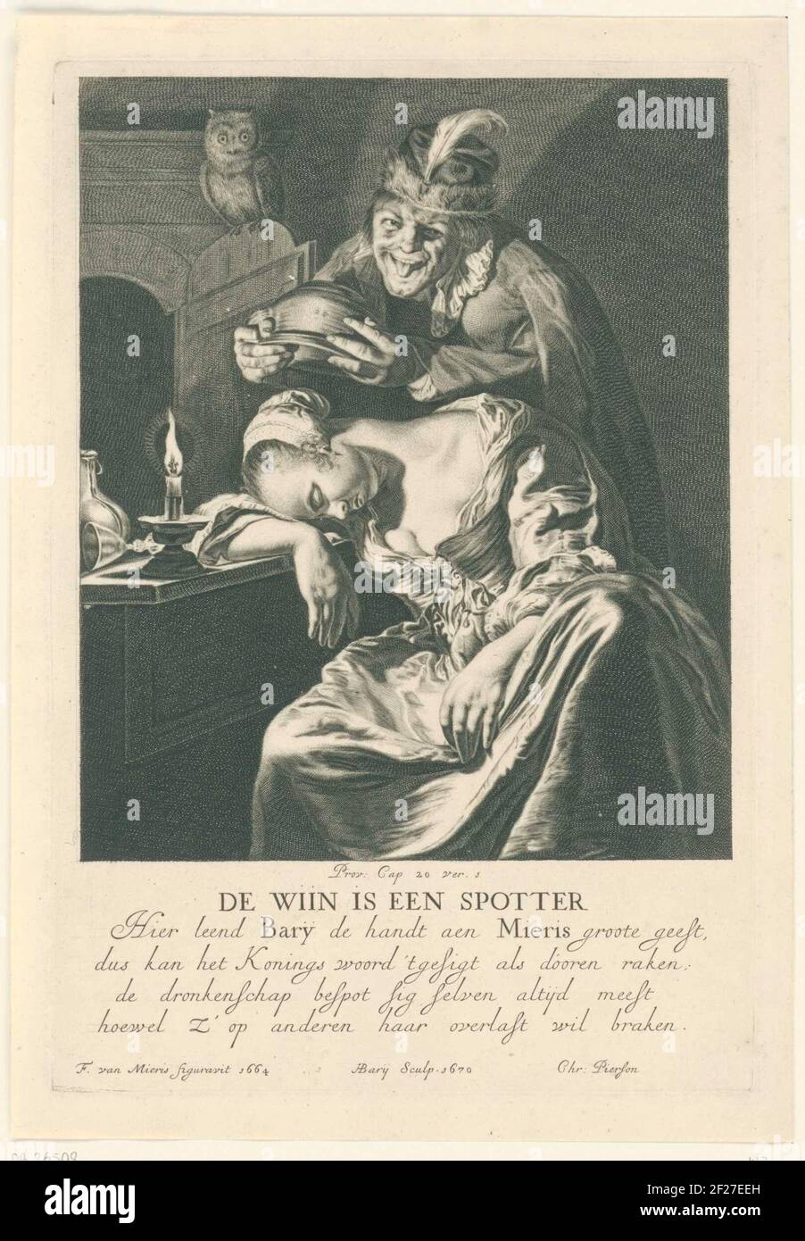 De wijn est een spotter.A nar-comme figure est sur le point de mettre une femme endormi un pispot sur son esprit. Sous le spectacle un verset de quatre règles en néerlandais. Banque D'Images