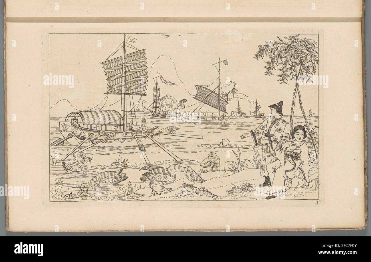 Bateaux chinois à voile dans une baie et de la vision des oiseaux aquatiques; des scènes de yacht chinois; Nouveau sinesen converti, avec grand Moeyte conçu et donné en lui, par P: Schenk Jun (...), troisième partie. Paysage avec un bateau à voile avec OAR sur l'eau. Dans la vision de l'avant-plan oiseaux d'eau. Deux figures droites sous un arbre de paume. L'impression fait partie d'un album. Banque D'Images