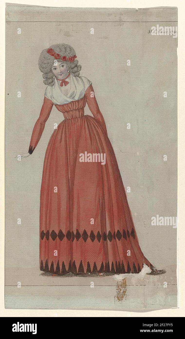Journal de la mode et du Goût, 25 décembre 1791, 31e fichier, pl. 1.selon  le texte d'accompagnement, la femme est vêtue d'une robe et d'une chemise à  la Coblentz de satin rouge,
