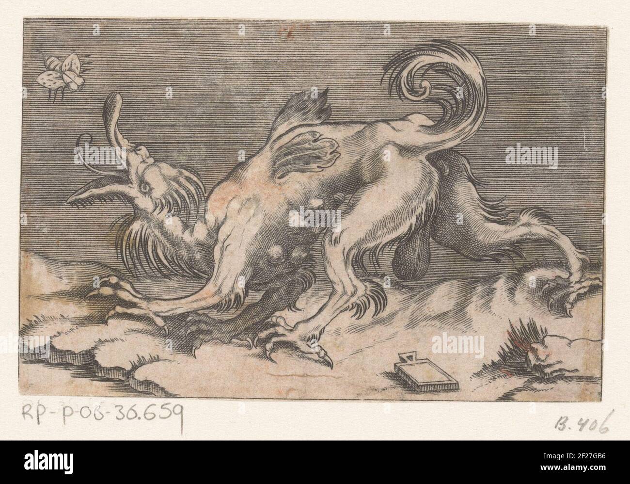 Monstre avec un être monstrueux, peut-être un dragon, marchant vers la gauche. Il se trouve en haut à gauche. Banque D'Images