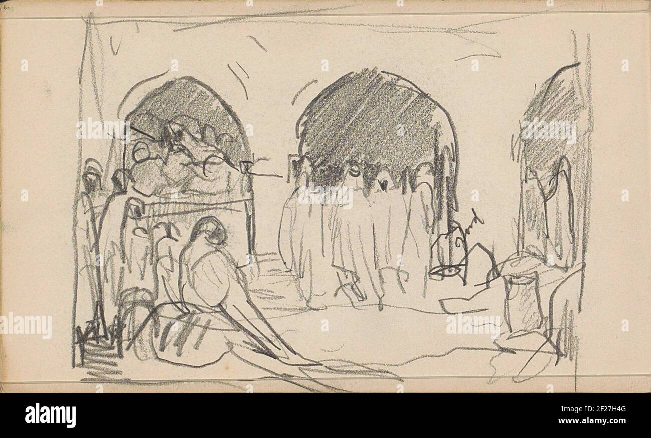 Rue à Biskra avec les Algériens pour un bâtiment avec arcaden.page 60 d'un sketchbook avec 31 feuilles. Banque D'Images