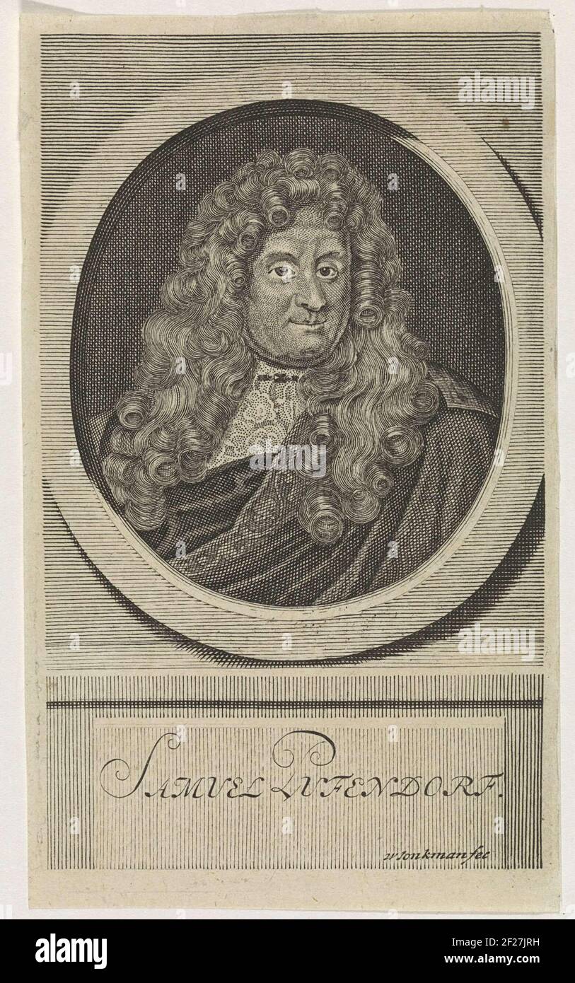 Portrait en buste du philosophe allemand Samuel von Pufendorf, avec foulard brodé. Le portrait est pris dans un cadre ovale. Dans un cadre sur la plinthe, le nom du portrait. Banque D'Images