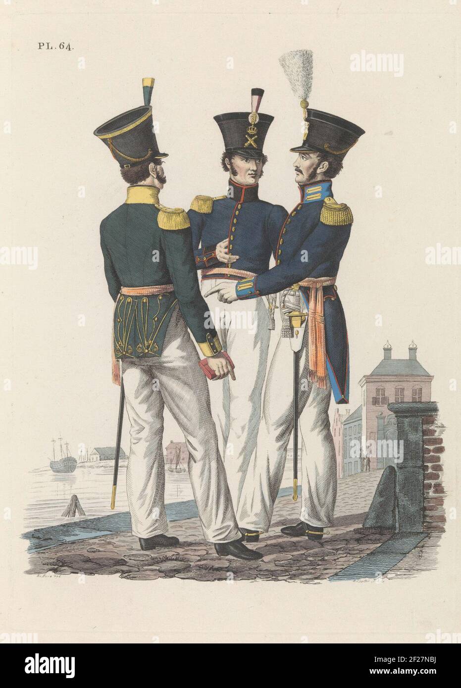 Hoofd-Officer der Oost-Indische Infanterie. Officier der Jagers, en officier der Artillerie, de West-Indien.UN officier des troupes néerlandaises dans les Indes orientales et un officier des chasseurs et un officier de l'artillerie des troupes néerlandaises dans les Indes occidentales. Tôle 64. Les trois se tenant ensemble sur un quai dans un port. Présentation uniforme dans "Suite de la description des troupes hollandaises royales" de J.F. Teupking, 1826. Banque D'Images