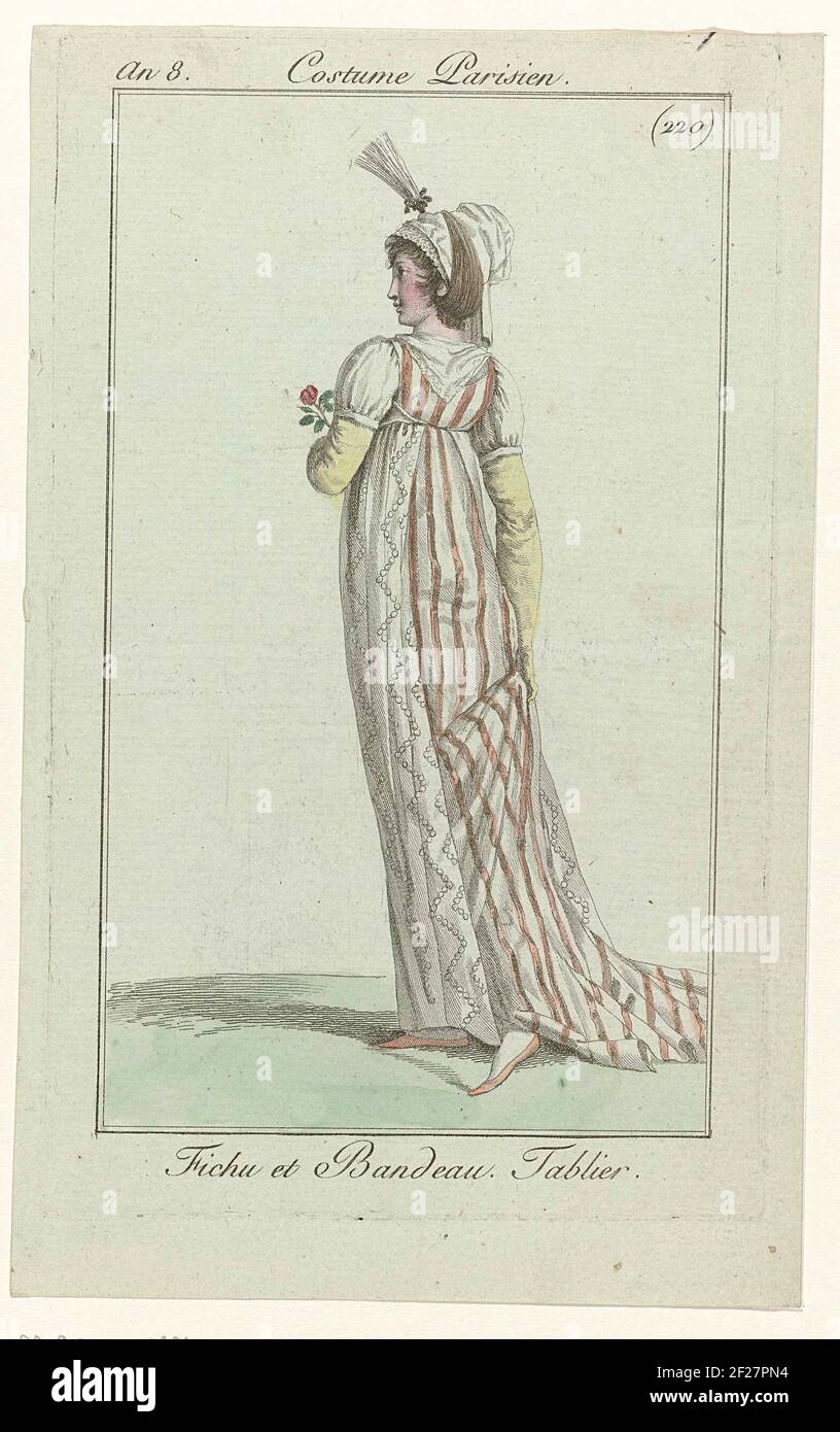 Dames and modes, Paris Costume, 4 juin 1800, an 8 (220): Damn et Headband.  Tablier..FICHU et 'serre-tête' (serre-tête) avec la burette. TABLIER avec  un motif de bandes verticales en scie à cloche