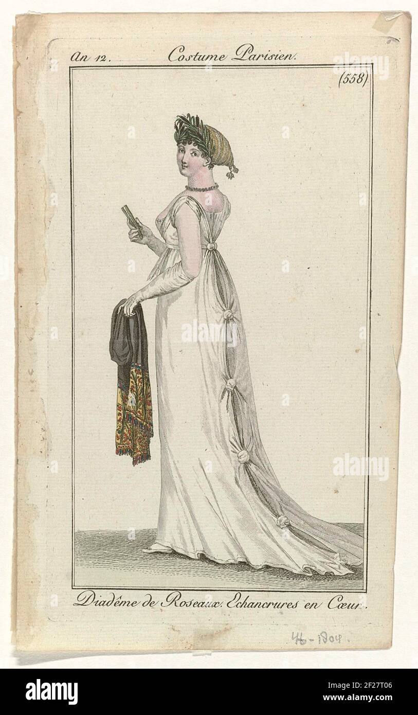 Journal des Dames et des modes, Costume parisien, 4 juin 1804, an 12, (558): Diadême de roseaux (...).Woman, vu sur le dos, avec un diadème de roseaux dans les cheveux. Elle porte une robe avec des coupes dans le sens des aiguilles d'une montre. Manches courtes et résistance. Autres accessoires: collier, gamme, gants longs, foulard avec motif fleur et feuille, chaussure plate. L'imprimé fait partie du magazine de mode Journal des Laden et DES Moldes, publié par Pierre de la Mésangère, Paris, 1797-1839. Banque D'Images