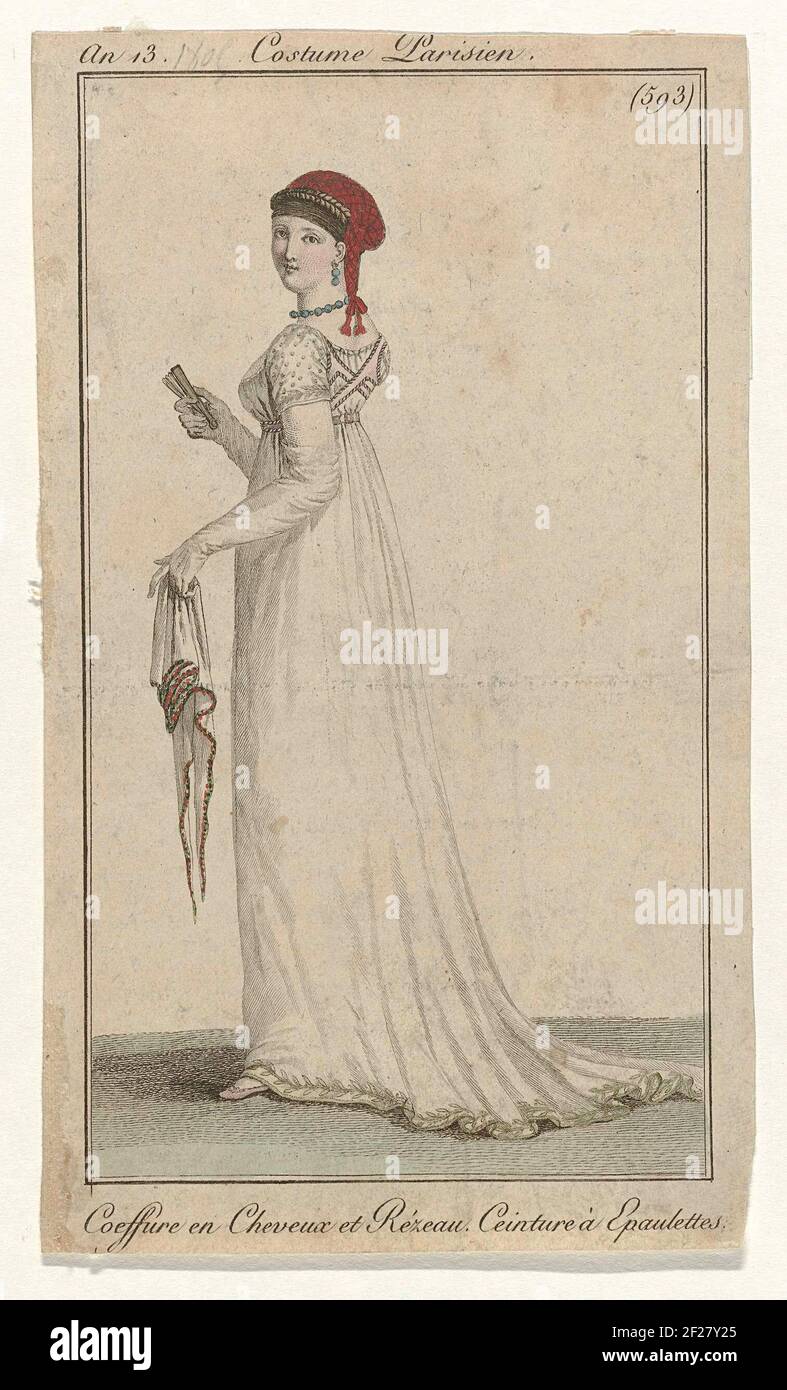 Journal des Dames et des modes, Costume parisien, 1 novembre 1804, an 13,  (593): Coeffure en Cheveux (...).Woman, vue sur le dos, avec une 'coeffure'  avec haunnet. Elle porte une robe à