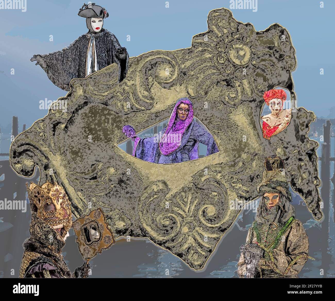Illustration photo d'un composite du Carnaval de Venise avec fond de front de mer. Banque D'Images