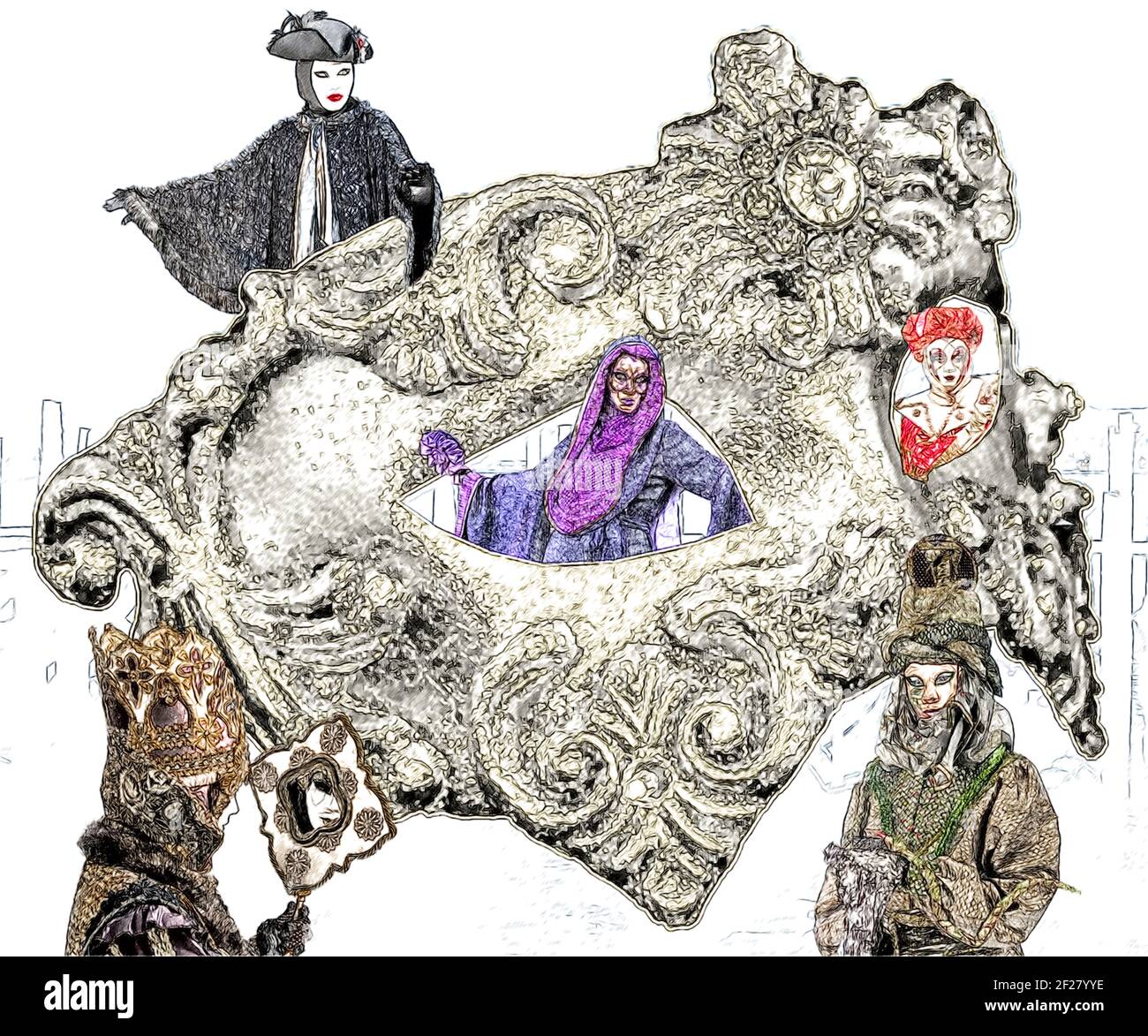 Une photo de crayon de couleur représentant un composite du Carnaval de Venise. Banque D'Images