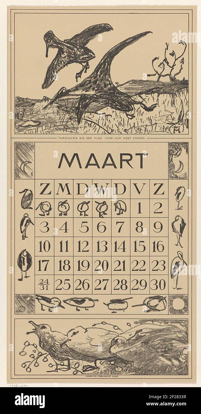 Calendrier lame marche avec des turelings; Turelueurs à la recherche d'un lieu pour leur nid; Calendrier 1918 12 lithographies par Th. V. hoytema.au fond ou trois seagulles. Dans les coins les positions de la Lune sur quatre jours. Une ligne de découpe en haut du magazine. Banque D'Images