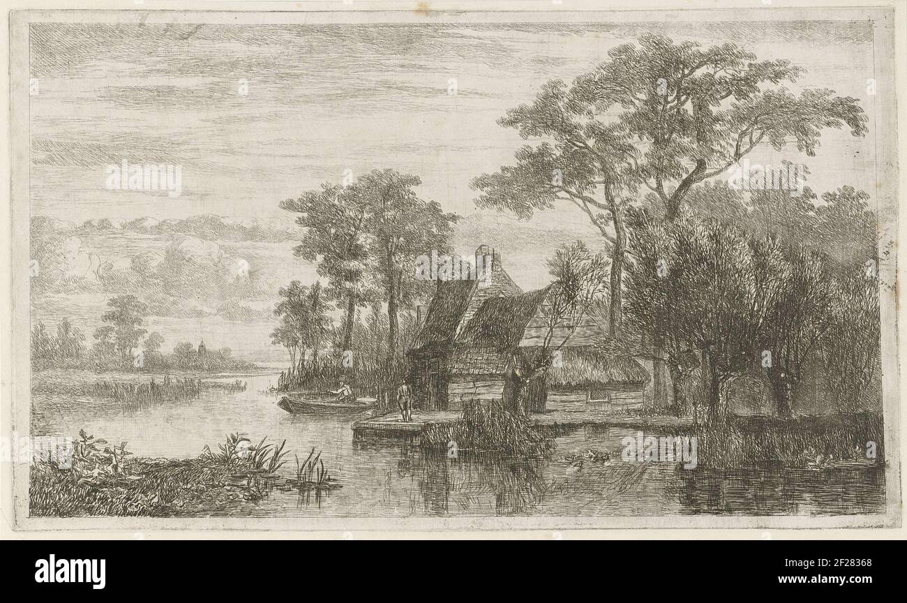 Une rivière avec quelques maisons et deux angles sur le front de mer. Au premier plan, un groupe de canards et deux saules de pollard. En arrière-plan les contours d'une église. Banque D'Images