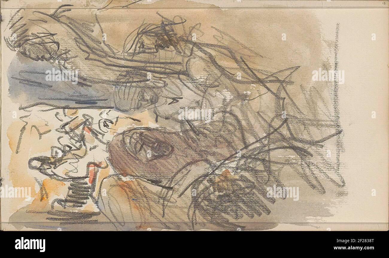 Algerijnse mannen in een kring.les figures portent le costume traditionnel nord-africain. Ils peuvent faire partie d'une communauté bédouine. Page 13 d'un carnet de croquis avec 31 feuilles. Banque D'Images