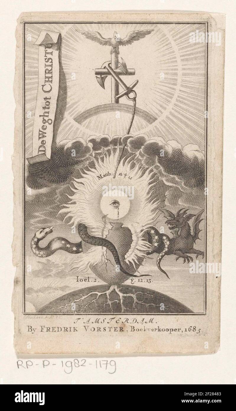 Spectacle allégorique avec ciel et terre; page de titre pour: Jacob Boehme, de Wegh au Christ, 1685.A Pigeon dans des poutres assis sur une croix avec ancrage. Nuages sombres incrustés d'un œil qui pleure dans des faisceaux qui sont enracinés dans la Terre. A gauche et à droite un serpent et un dragon. Banque D'Images