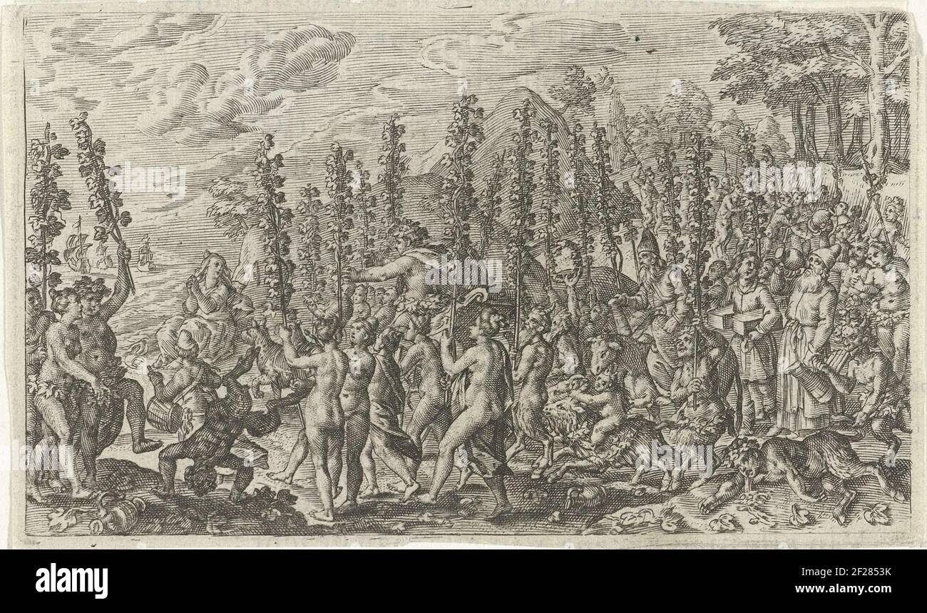Ariadne trouve Bacchus sur l'île de Naxos. Navires de son bien-aimé ces en arrière-plan. Illustration du livre pour : l'éloge de bacchus, 1616. Banque D'Images