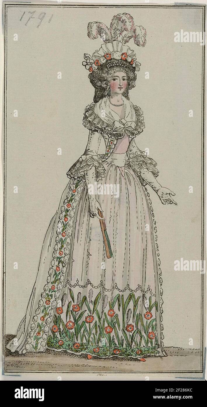 Journal des Luxus und der Moden, décembre 1791.Femme de Paris vêtue de 'Vollelem Anzuge' selon la dernière mode. Elle porte une robe, le zoom de la jupe est décoré avec un motif de fleurs et de feuilles. Col et trois quarts de manches déposés avec deux bandes de tissu froissées. Accessoires : casquette avec autruche, boucles d'oreilles, collier, fichu, gants longs, rotor, patins. Imprimé du magazine de mode Journal des Luxus und der Moden, publié par Friedrich Justin Bertuch et Georg Melchior Kraus, Weimar, 1786-1826. Banque D'Images