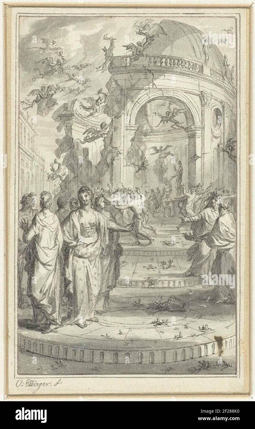 Destruction d'un temple par des diables et harpijen.possible conception d'une impression. Banque D'Images