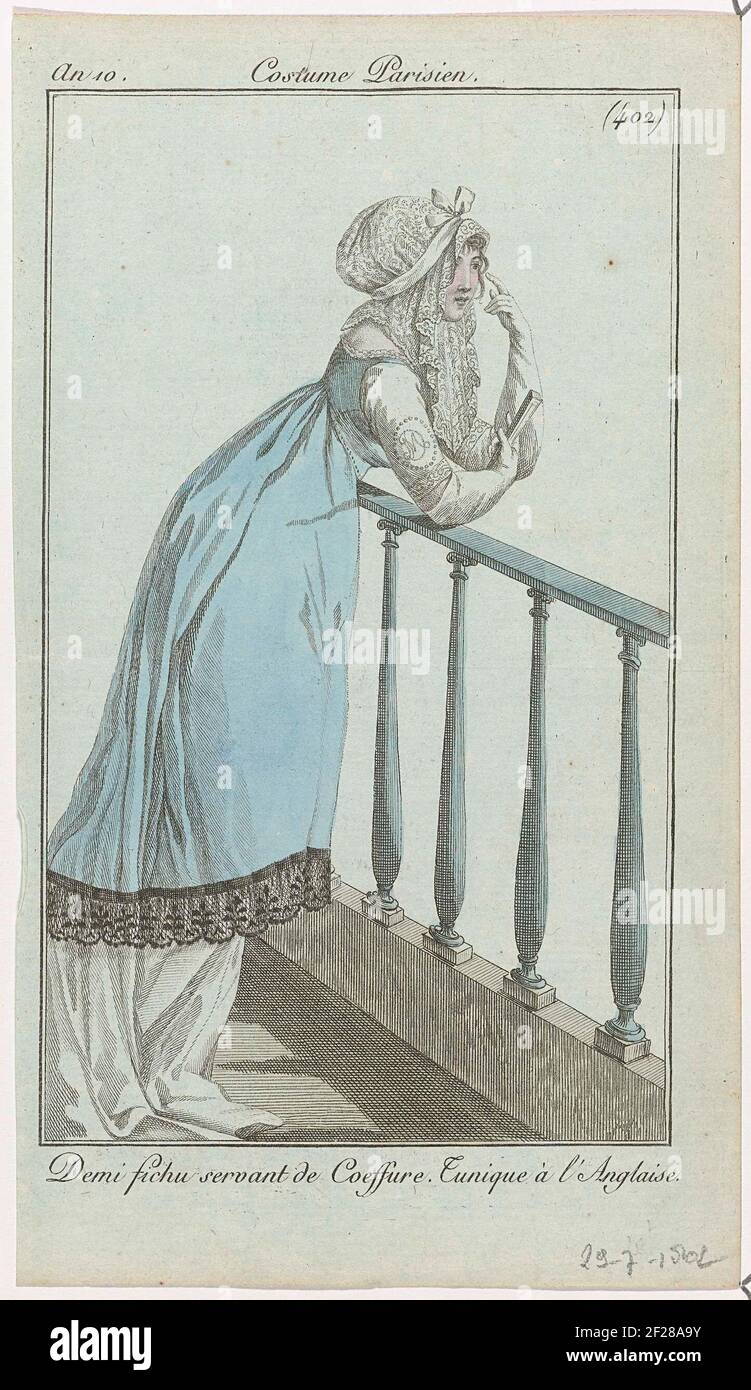 Journal des Dames et des modes, Costume parisien, 29 juillet 1802, an 10,  (402) : demi fichu servant de Coeffur (...).Femme penchée sur une  balustrade, avec un 'dedi fichu' sur la tête