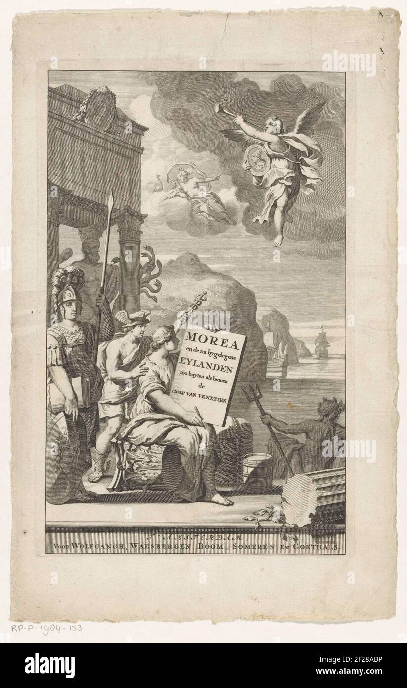 Allegorische voorstelling met Minerva, Mercurius, Neptunus en Hercules; Titelpagina voor: Olfert Dapper, Morea en de na bygelegene Eylanden soo buyten Venetis binnen de Golf van tien, 1688.UNE femme avec tablette avec titre est sur une capitale. À gauche de son stand Minerva avec Lans et Schild et Mercure avec Caduceus. Sur la droite se trouve Neptune le long de l'eau avec son trident. Sur la gauche, entre quatre colonnes Hercules se dresse avec la couleuvre polypique Lerna. À l'étage, un ange vole (peut-être la renommée) avec un médaillon de portrait. Juno avec un paon est dans les nuages. En arrière-plan se vantent les navires en mer. Banque D'Images