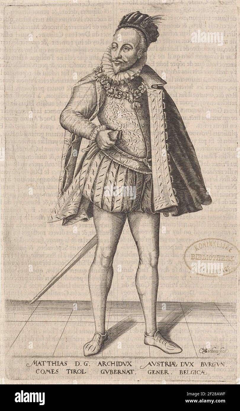 Portret van Matthias van Oostrijk, Rooms-Duits keizer.Portrait de Matthias  d'Autriche, l'empereur romain-allemand, dans son rôle de gouverneur des  pays-Bas. Il porte un petit manteau et tient ses gants dans sa main. Sous