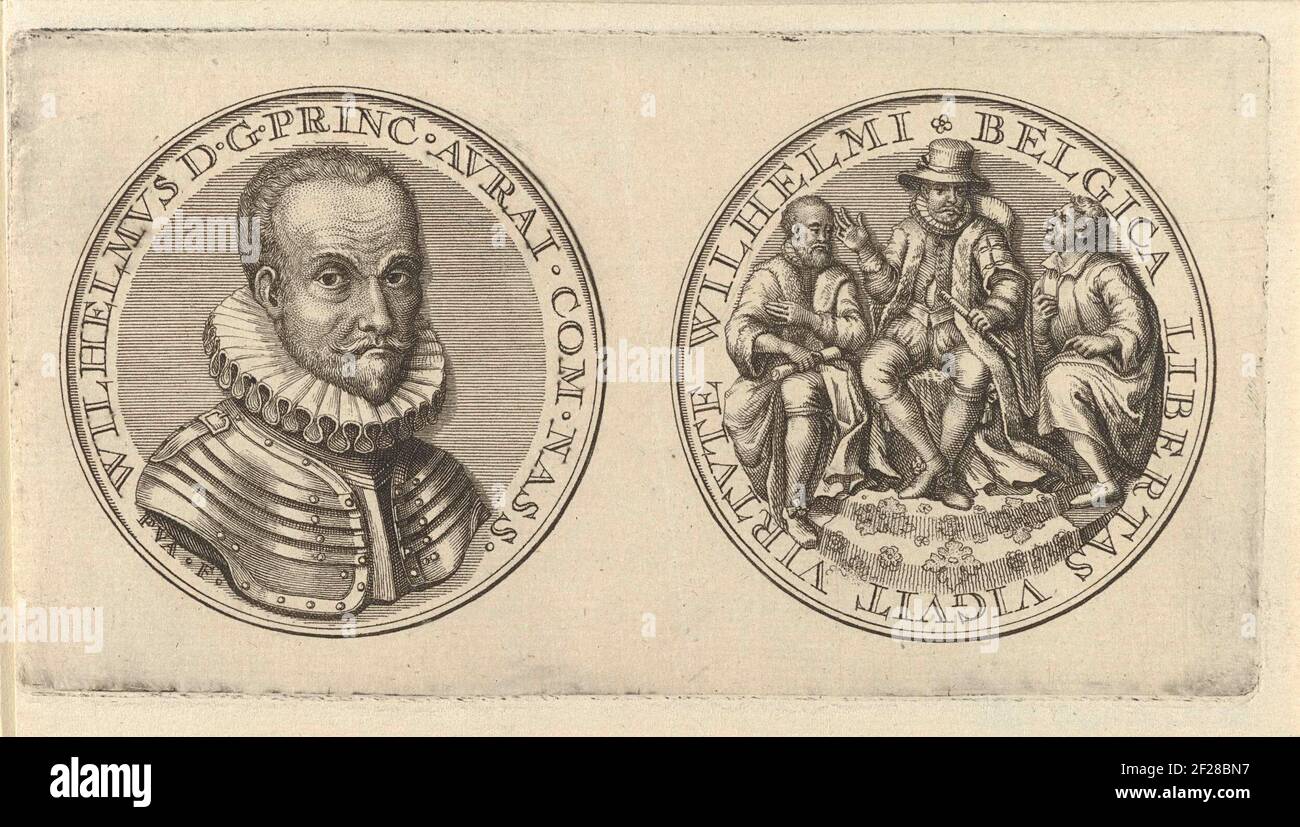 Penning a rencontré le portret van Willem I, prins van Oranje.Portrait de Willem I dans un cercle avec le point de départ à gauche. Trois chiffres dans un cercle avec la zone droite. Banque D'Images