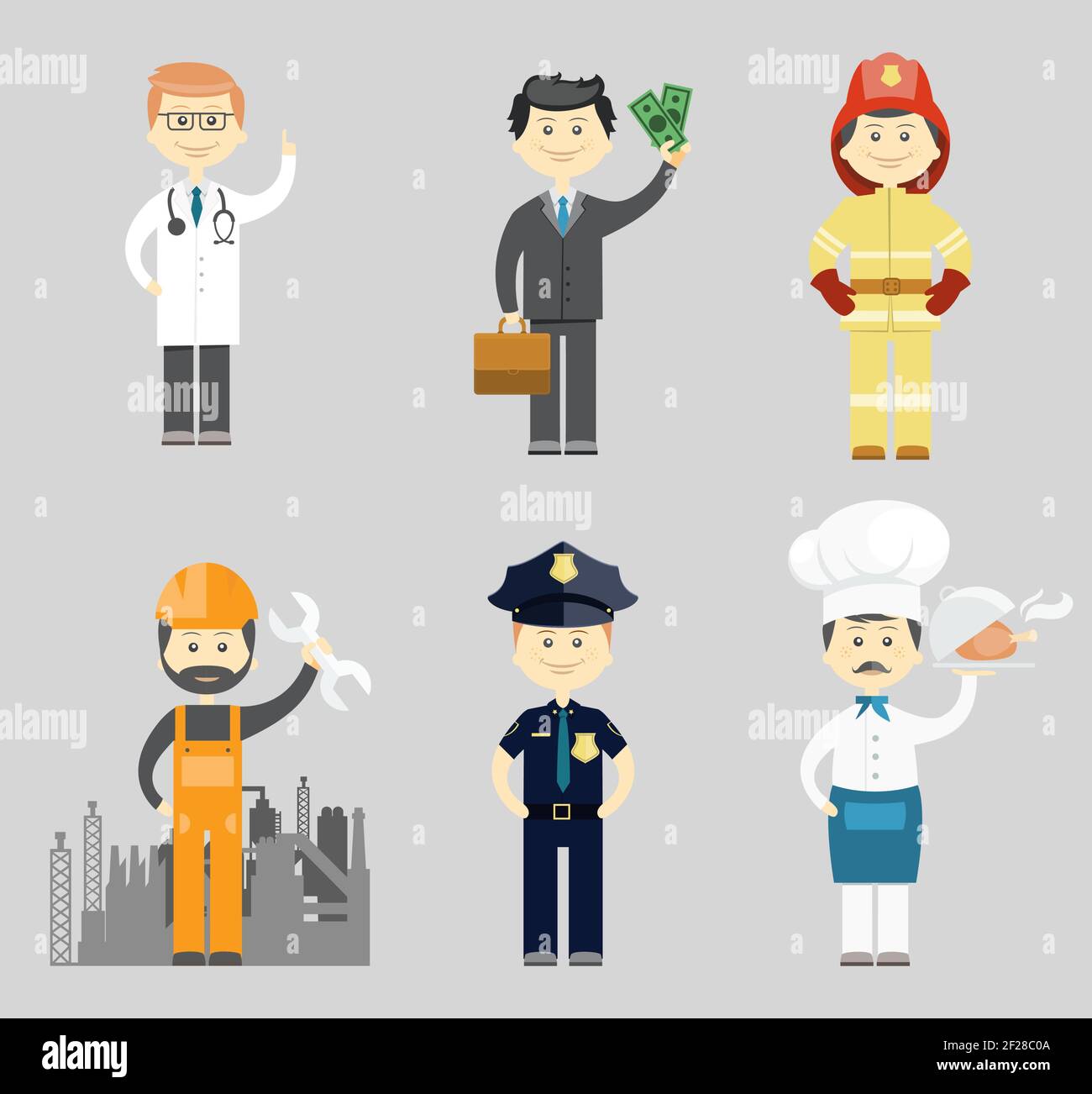 Jeu de caractères professionnels de personnage icône vecteur avec un médecin réussi homme d'affaires pompier ouvrier de construction industrielle ou mécanicien policier et c Illustration de Vecteur