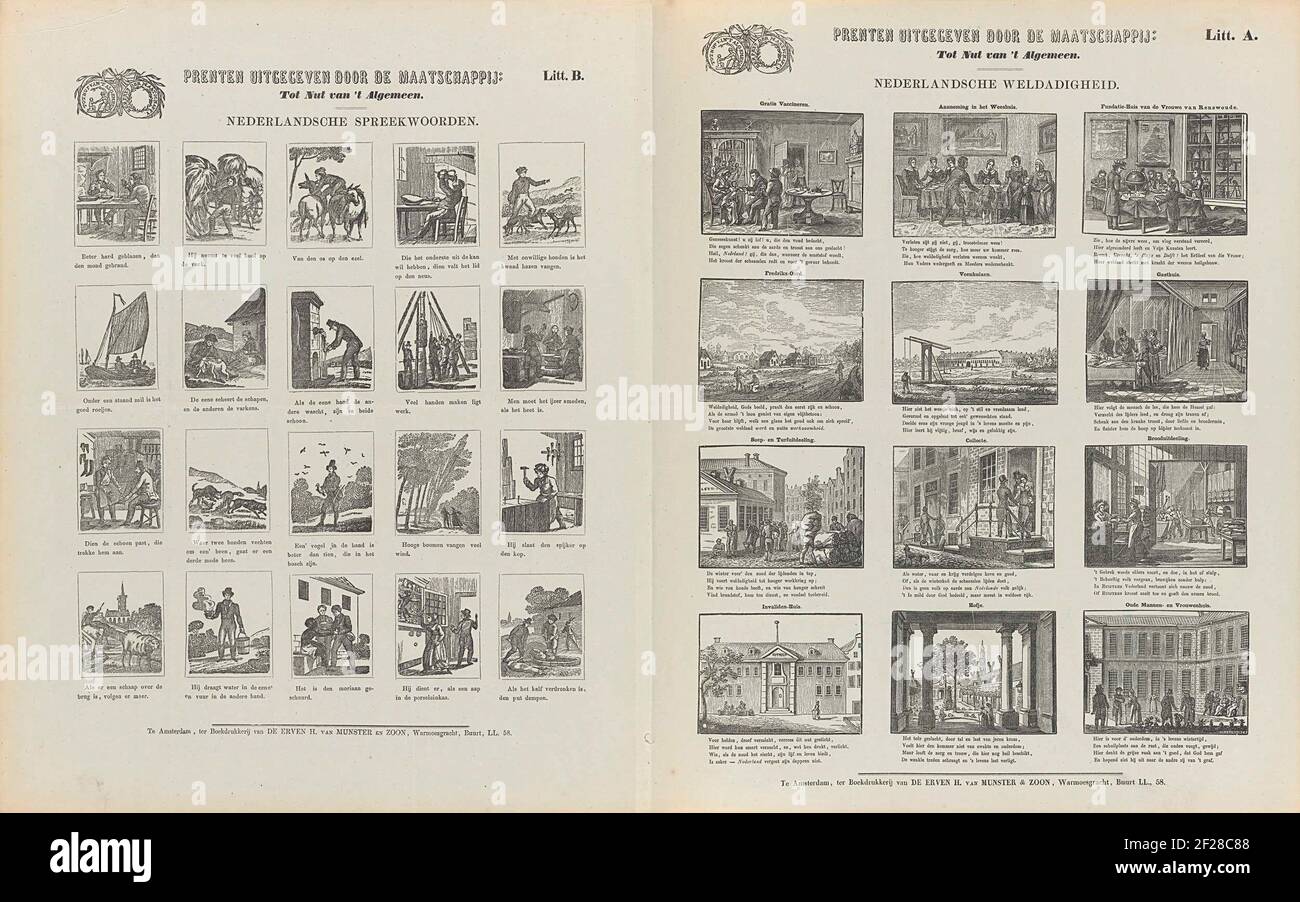 Prenten uitgegeven door de maatschappij: / Tot nut van 't algemeen; Nederlandsche streekwoorden; Nederlandsche weldadigheid.Sheet avec deux tirages. Gauche 20 représentations de proverbes. Sous chaque image une légende. En haut à gauche le sceau de la société à l'utilité du général. Signature en haut à droite : litt. B. droit 12 représentations sur l'bénéficialité aux pays-Bas, y compris les vues sur la vaccination gratuite, les pensions et la distribution du pain. Au-dessus de chaque image un titre et sous chaque image un verset de quatre lignes. En haut à gauche le sceau de la société à l'utilité du général. Signature en haut Banque D'Images