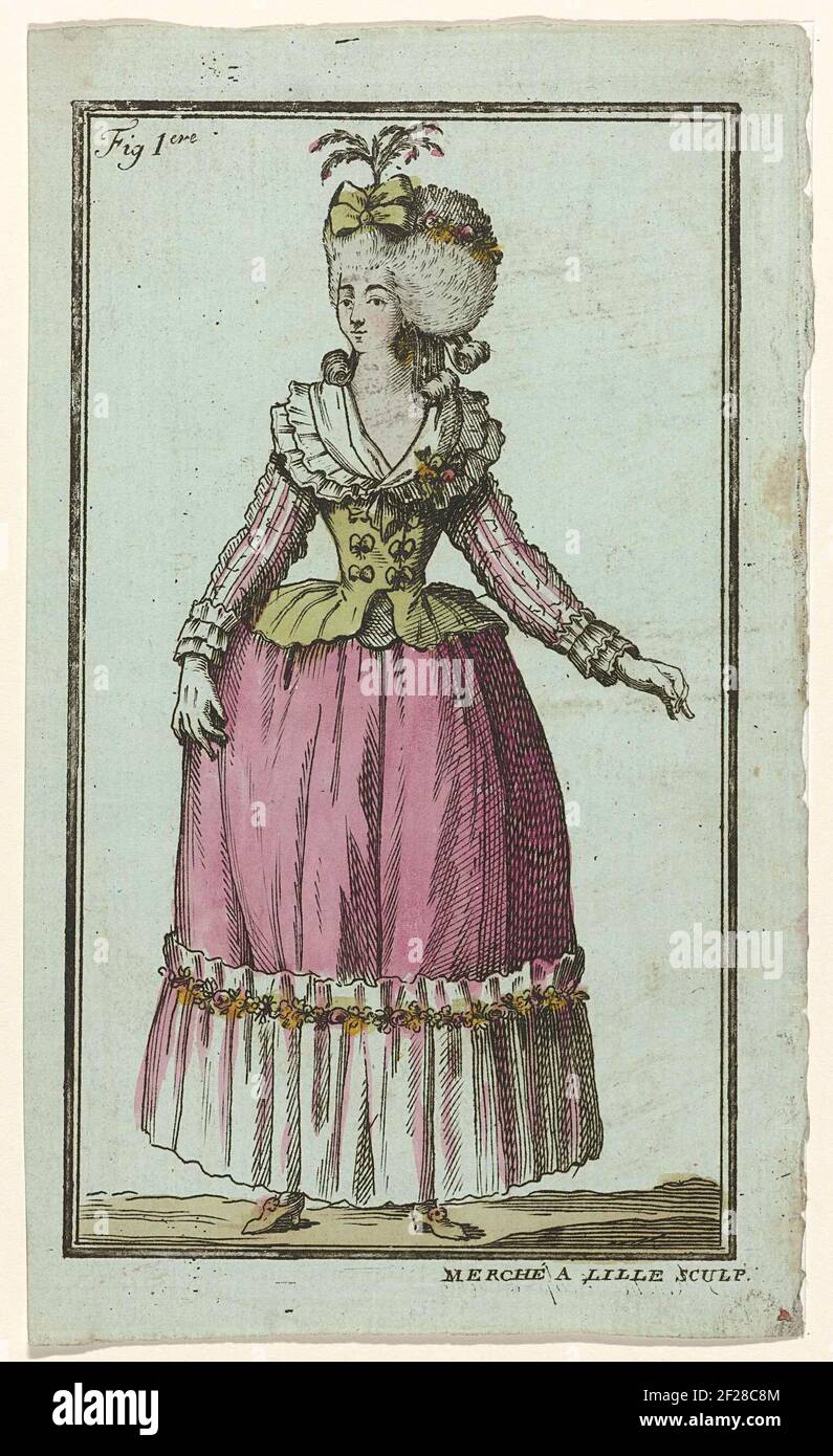 Magasin des modes nouvelles Françaises et Anglais, kopie naar 10 février  1787, PL. 1.Femme debout vêtue d'une caraco de satin et d'une jupe déposée  avec une bande de tissu ridée, décorée de