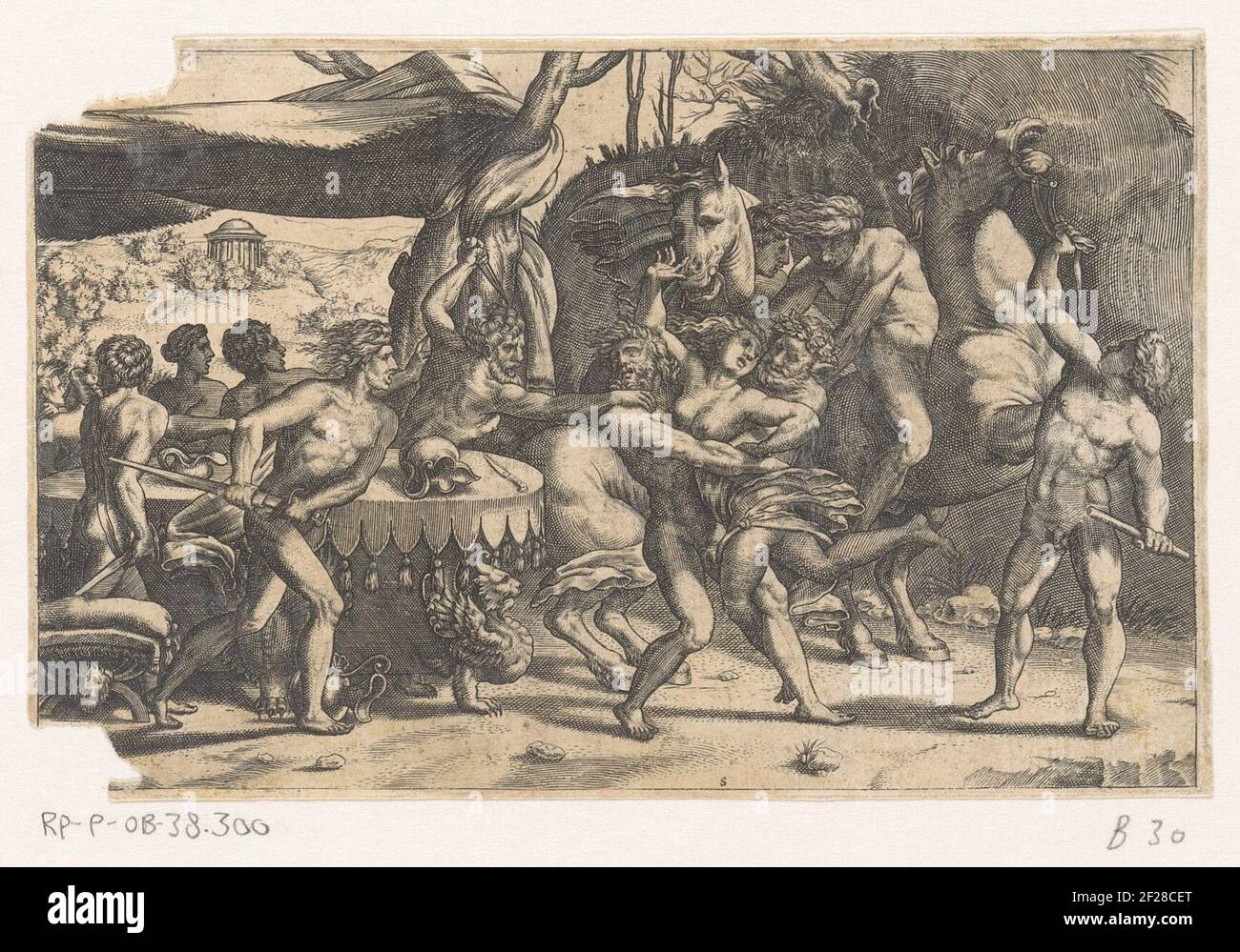 Femme enlevée par l'homme et sater; bataille entre le Lapithen et les centaures. Au milieu, une femme est volée par un homme et un Sater. Lie plusieurs figures autour d'un tableau. Au premier plan, un homme a tiré son épée, et un homme fait passer un poignard derrière la table. Deux chevaux sur la droite. Au milieu de la lettre S. Banque D'Images