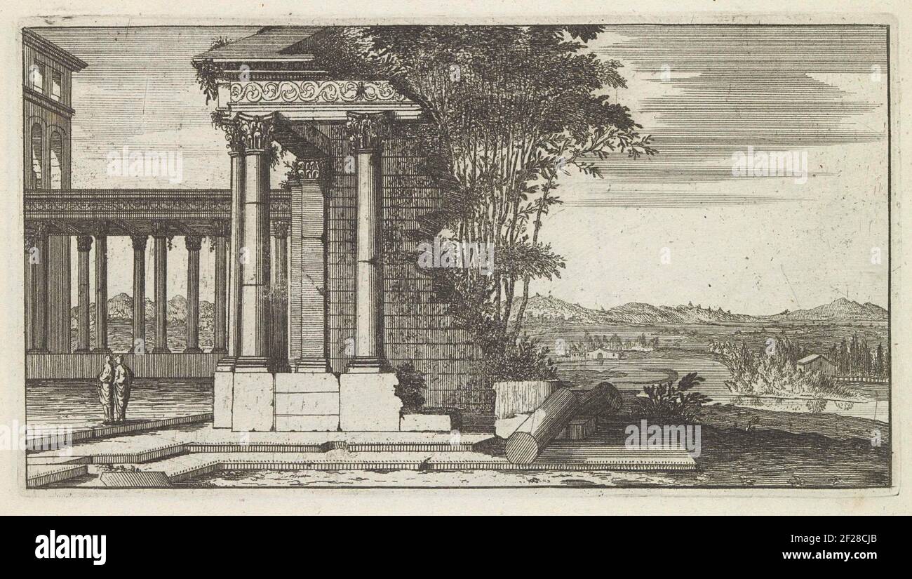 Paysage avec les ruines d'un temple romain; miroir de la nature et école de création (...). L'impression fait partie d'un album. Banque D'Images