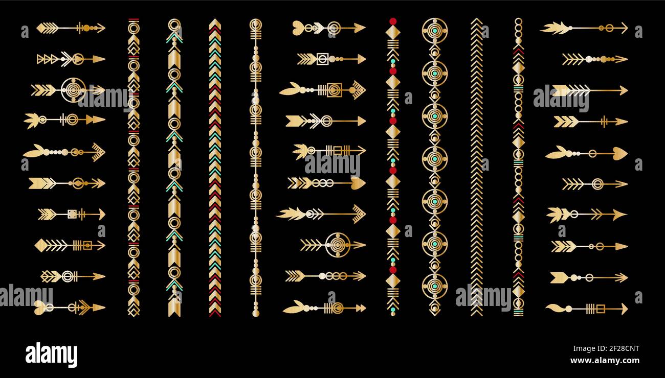 Ensemble de flèches dorées. Collection d'éléments tribaux. Collection de bijoux tendance et géométrique. Éléments de conception vectoriels. Illustration de Vecteur