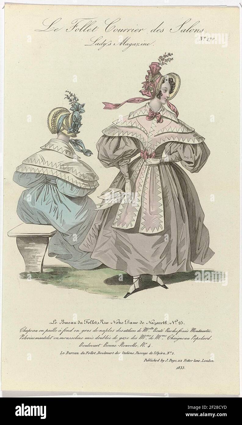 Le Follet courrier des Salons, Lady's Magazine, 1833, n° 270: Chapeau en  seau (...).chapeau de paille avec un globe de 'gros de Naples' des studios  de Konté. 'Pelerine Mantelet' de mousseline solide