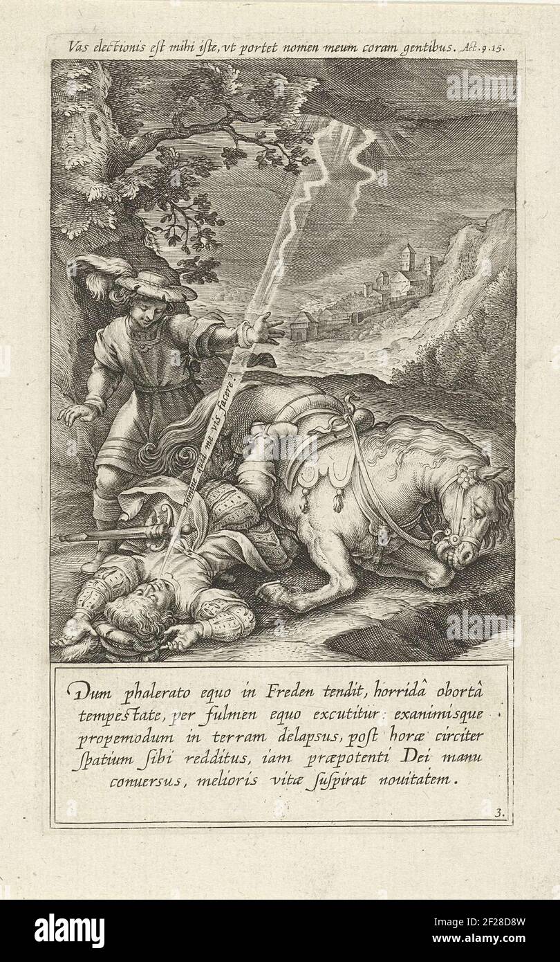 Au cours d'un trajet, la foudre frappe juste avant le cheval du Saint Norbertus. Il tombe de son cheval et entend Dieu qui lui donne admonesté et l'amène au repentir. L'imprimé comporte deux inscriptions latines : une à l'étage et une au-dessous du spectacle. Banque D'Images