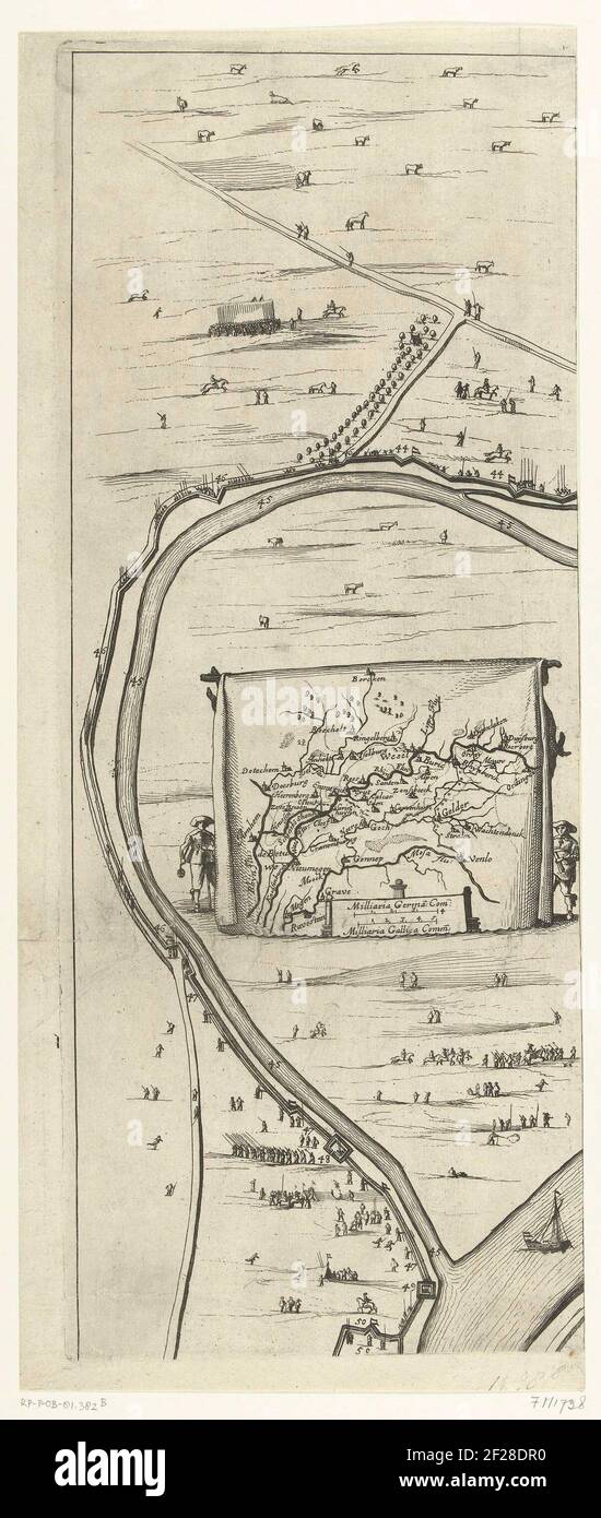 Beleg van Schenckenschans (linkerblad), 1635; Belegeringe van Schencken-Schans, met tous les nieuwe Forten ende Approchen / le siège du fort de schinc, Avecq toutes les nouvelles fortifications et approches.feuille gauche de la garniture des espagnols le 28 juillet, 1635 pour surprise fort Schenckenschans par l'armée d'Etat sous Frederik Hendrik, depuis le 30 juillet 1635. Carte de la région du fleuve avec les Schenckenschans à la division du Rhin et du Waal. Partie de la carte avec fortifications et une carte de la plus grande région de la rivière sur un tissu suspendu. La petite feuille gauche d'un ensemble non assemblé Banque D'Images