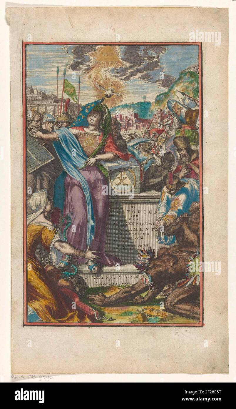 Allegorie op het oude en nieuwe testament; de historien van het oude en nieuwe testament; Titelpagina voor: Henricus vos, alle de voornaamste historien des Ouden en Nieuwen Testamments, 1703.une figure féminine allégorique avec des écailles sur la poitrine et la branche de la paume est penchée manuellement sur un livre contre un piédestal avec le titre du livre. Avec son pied droit, elle piétinera un serpent. À gauche d'elle se trouve Moïse avec les pierres dîner. Il y a une femme à genoux devant elle. À droite des figures d'adoring de diverses descentes. Derrière les hommes derrière elle. En arrière-plan le temple de Salomon, la chute et Banque D'Images