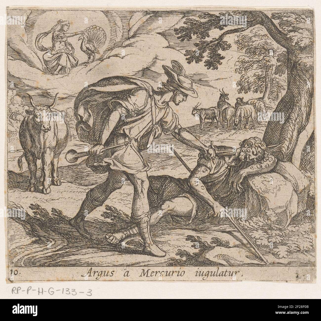 Le mercure tue Argus; Argus a Mercurio Iugulatur; Metamorphoséon Sive Transformationum; Metamorphoses d'Ovidius.Mercurus coupe la tête de l'argus endormi avec son épée. Juno est assis avec un paon sur les nuages. Dans le paysage il y a un boeuf et un troupeau de chèvres et de moutons. Titre en latin dans undermarge. Banque D'Images